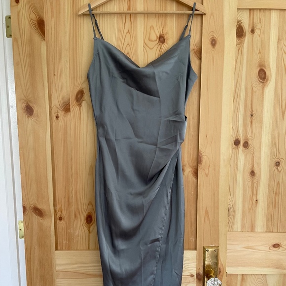 Slate Grey Satin Cowl Neck Midi Dress - Picture 1 of 3